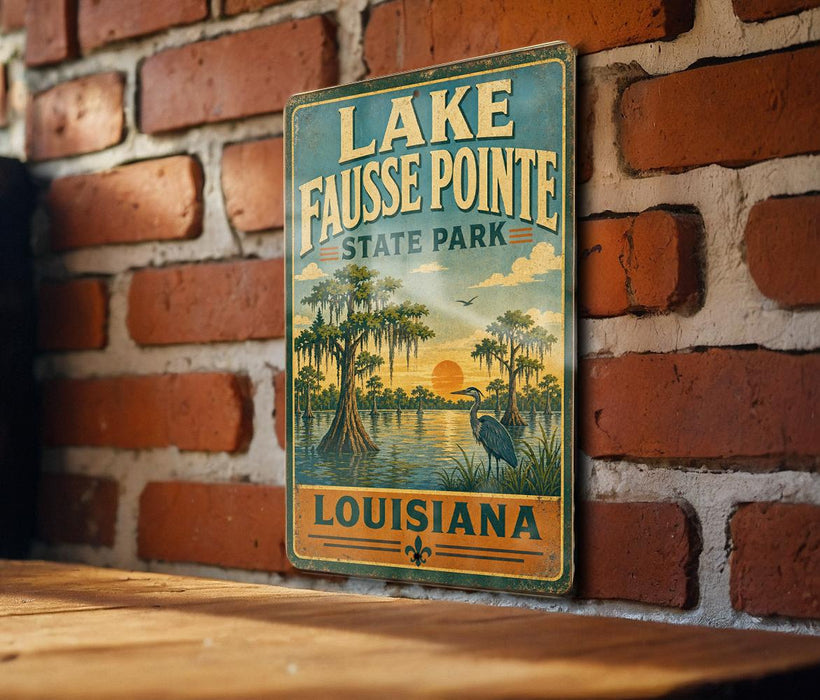 A vintage-style sign for Lake Fausse Pointe State Park in Louisiana, featuring a scenic illustration of a bayou landscape with a crane and palm trees.