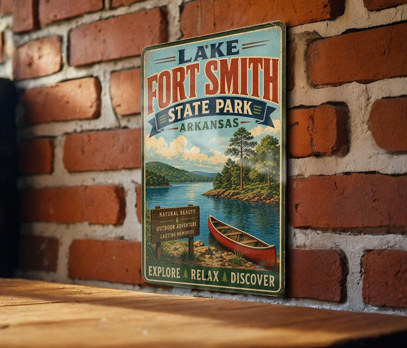 A vintage-style metal sign for Lake Fort Smith State Park in Arkansas, featuring a scenic illustration of a lake, canoe, and surrounding landscape.