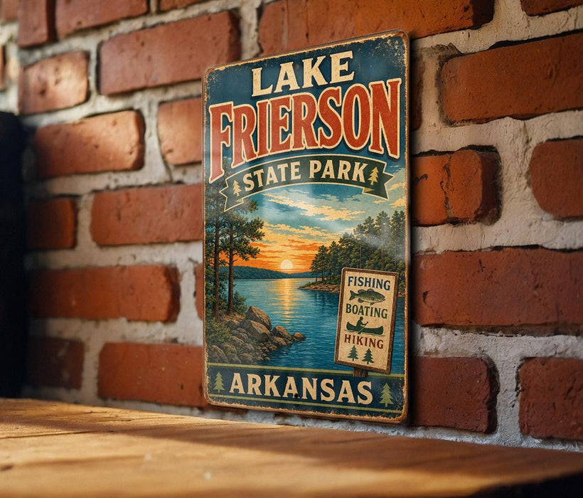 A vintage metal sign for Lake Frierson State Park in Arkansas, featuring a scenic landscape with a lake, trees, and a sunset.