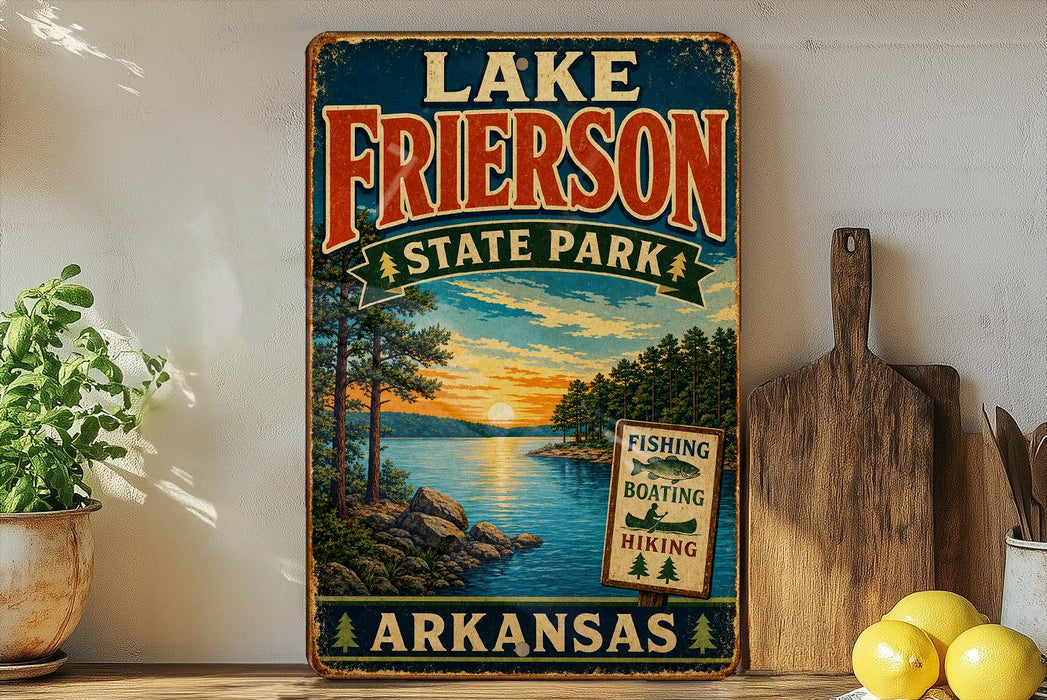 A vintage-style sign for Lake Frierson State Park in Arkansas, featuring a scenic landscape with a lake, trees, and a sunset.