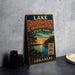 A vintage-style sign for Lake Fierison State Park in Arkansas, featuring a scenic landscape with a lake, trees, and a sunset.