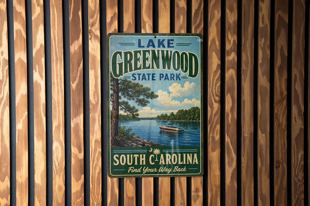 A vintage metal sign for Lake Greenwood State Park in South Carolina, featuring a scenic image of a lake surrounded by pine trees and a boat on the water.