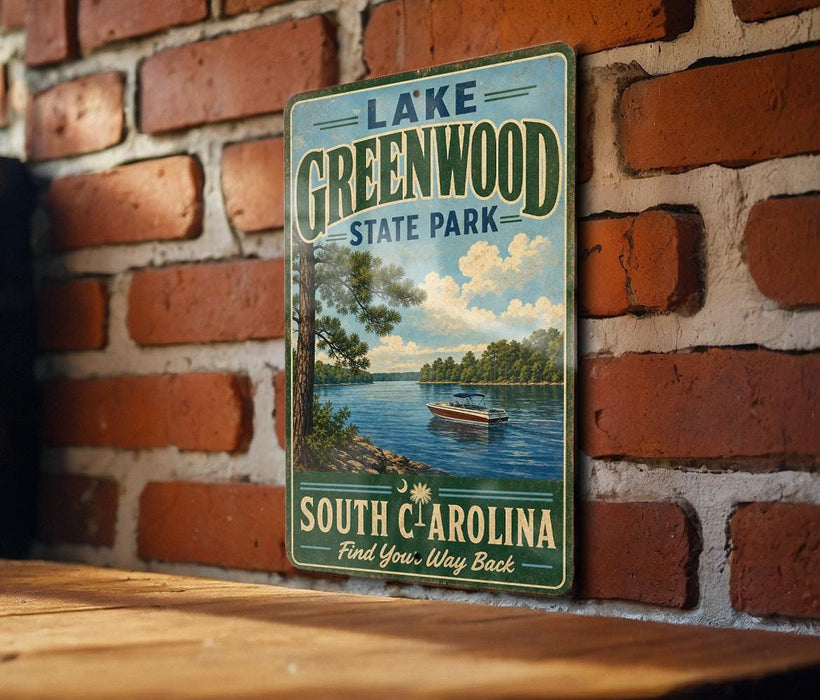 A vintage-style metal sign for Lake Greenwood State Park in South Carolina, featuring a scenic image of a lake with a boat and trees.