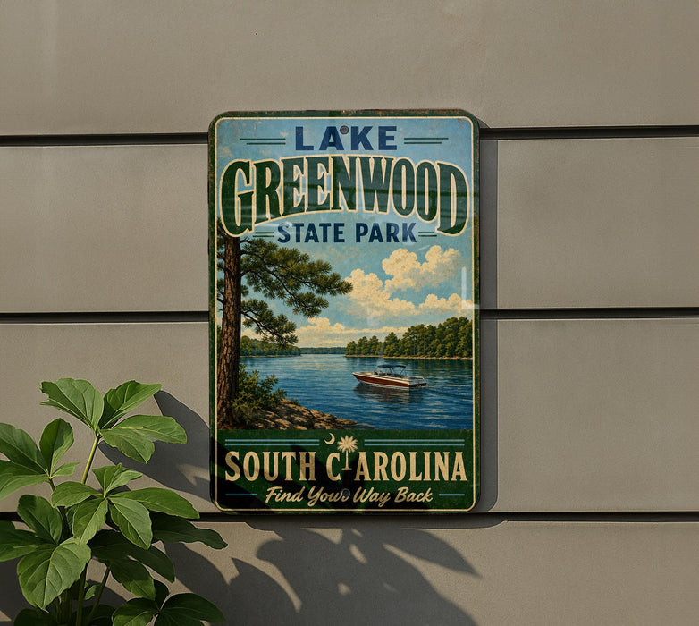 A vintage-style sign for Lake Greenwood State Park in South Carolina, featuring a scenic image of a lake with a boat and trees.