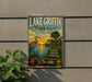 A vintage-style sign for Lake Griffin State Park in Florida, featuring a scenic illustration of a bird, palm trees, and a sunset over the water.