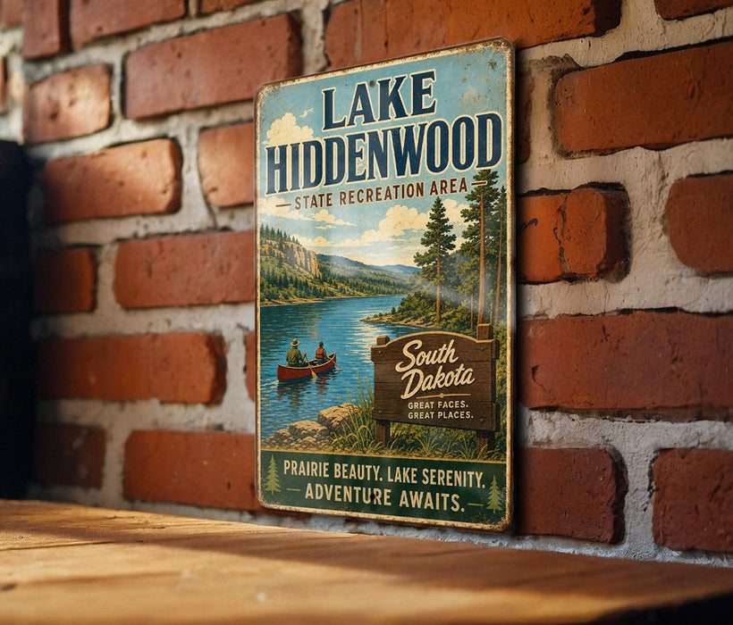 A vintage-style sign for Lake Hiddenwood, a state recreation area in South Dakota, featuring a scenic image of a lake surrounded by mountains and pine trees.