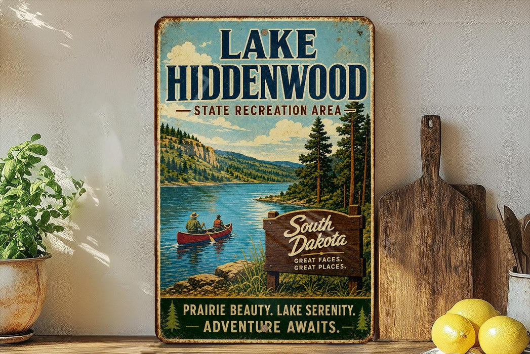 A vintage-style metal sign for Lake Hiddenwood, South Dakota, featuring a scenic illustration of a lake surrounded by mountains and pine trees.
