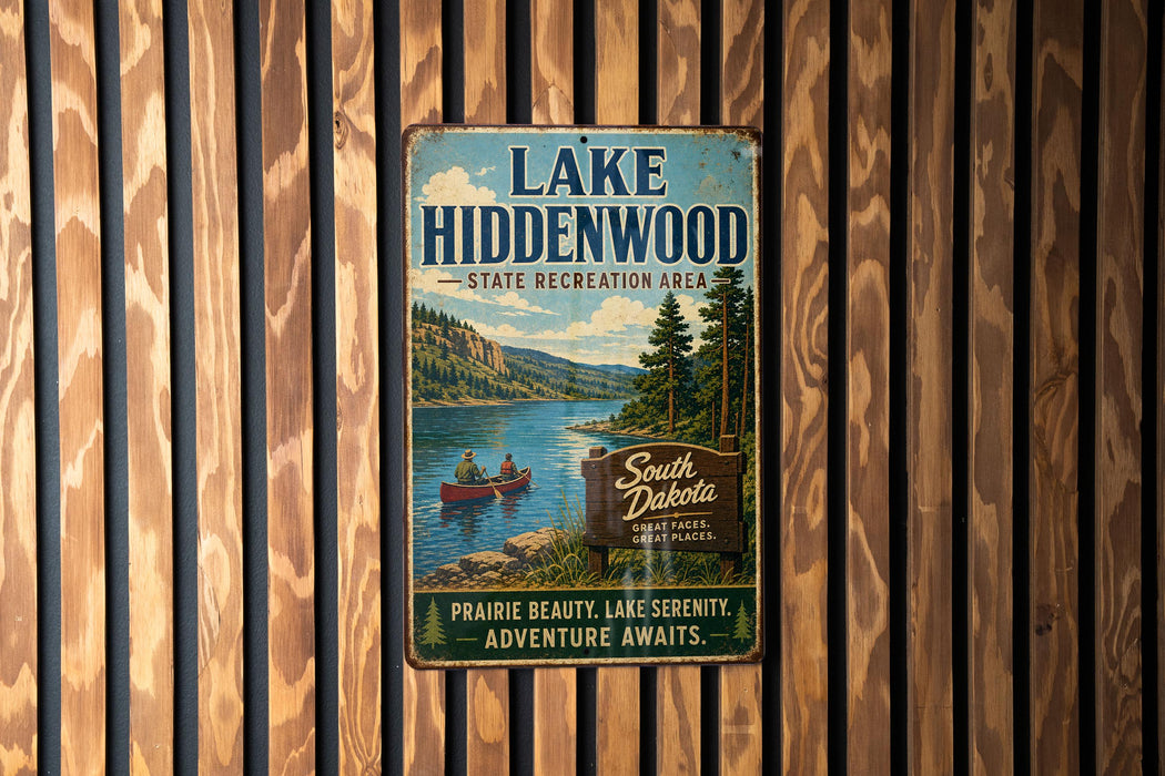 A vintage metal sign for Lake Hiddenwood, South Dakota, featuring a scenic illustration of a lake surrounded by mountains and pine trees.