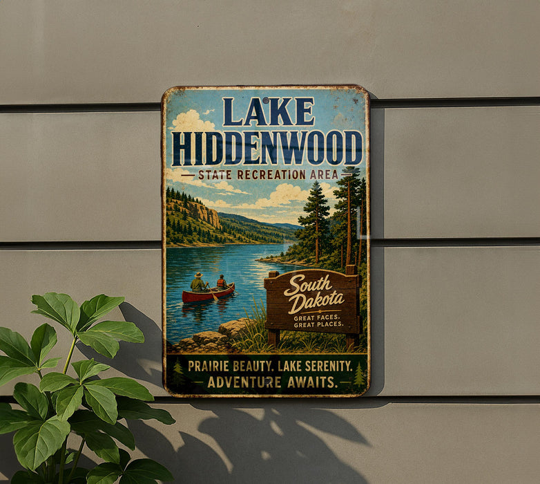 A vintage-style metal sign for Lake Hiddenwood State Recreation Area in South Dakota, featuring a scenic image of a lake surrounded by mountains and pine trees.