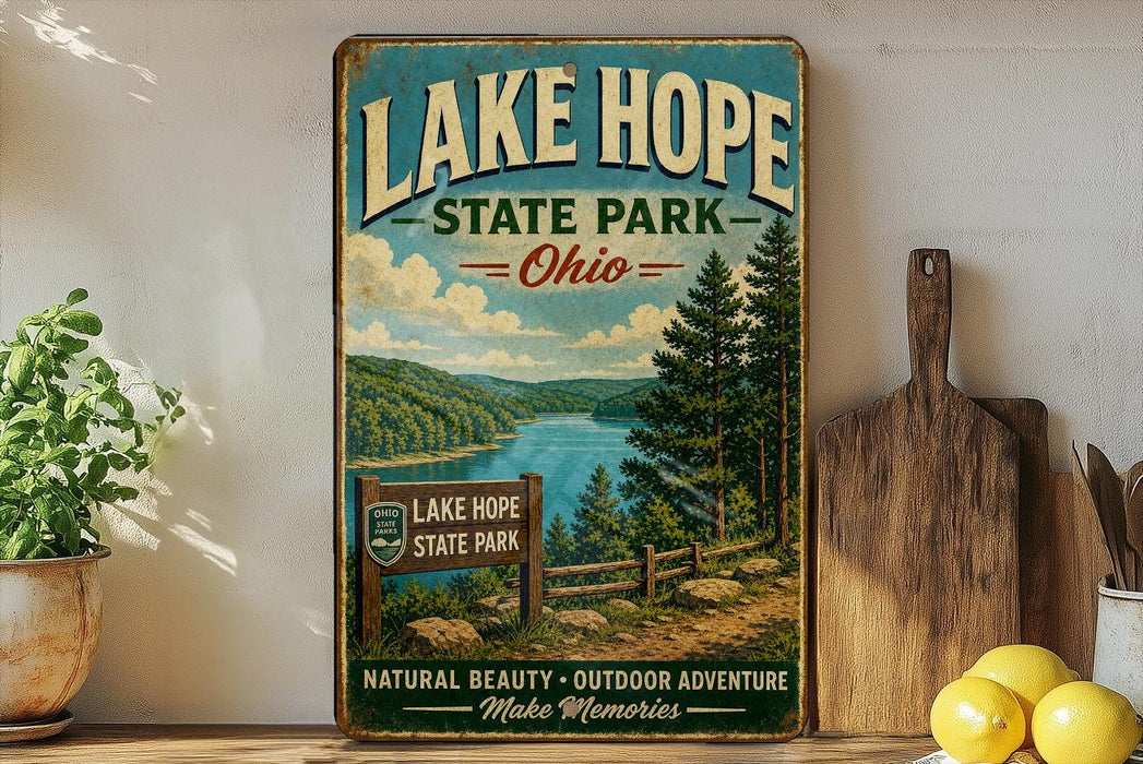 A vintage-style sign for Lake Hope State Park in Ohio, featuring a scenic landscape with a lake, mountains, and pine trees.