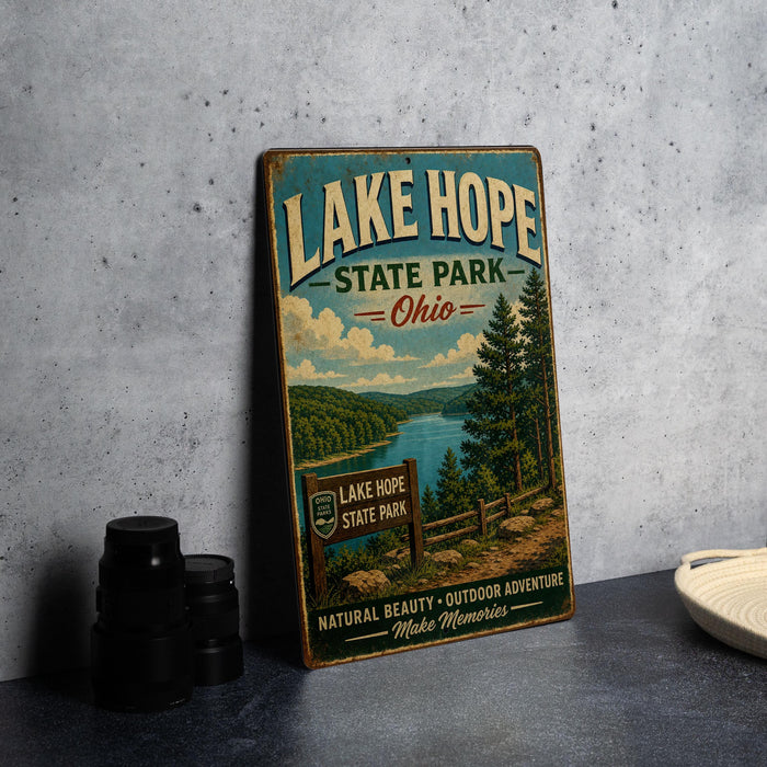 A vintage-style sign for Lake Hope State Park in Ohio, featuring a scenic landscape with a lake, forest, and mountains.