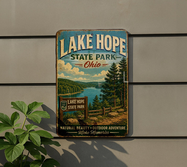 A vintage-style sign for Lake Hope State Park in Ohio, featuring a scenic landscape with a lake, forest, and mountains.