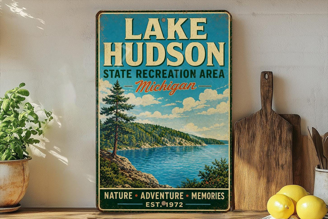 A vintage-style sign for Lake Hudson State Recreation Area in Michigan, featuring a scenic landscape with a lake, mountains, and pine trees.