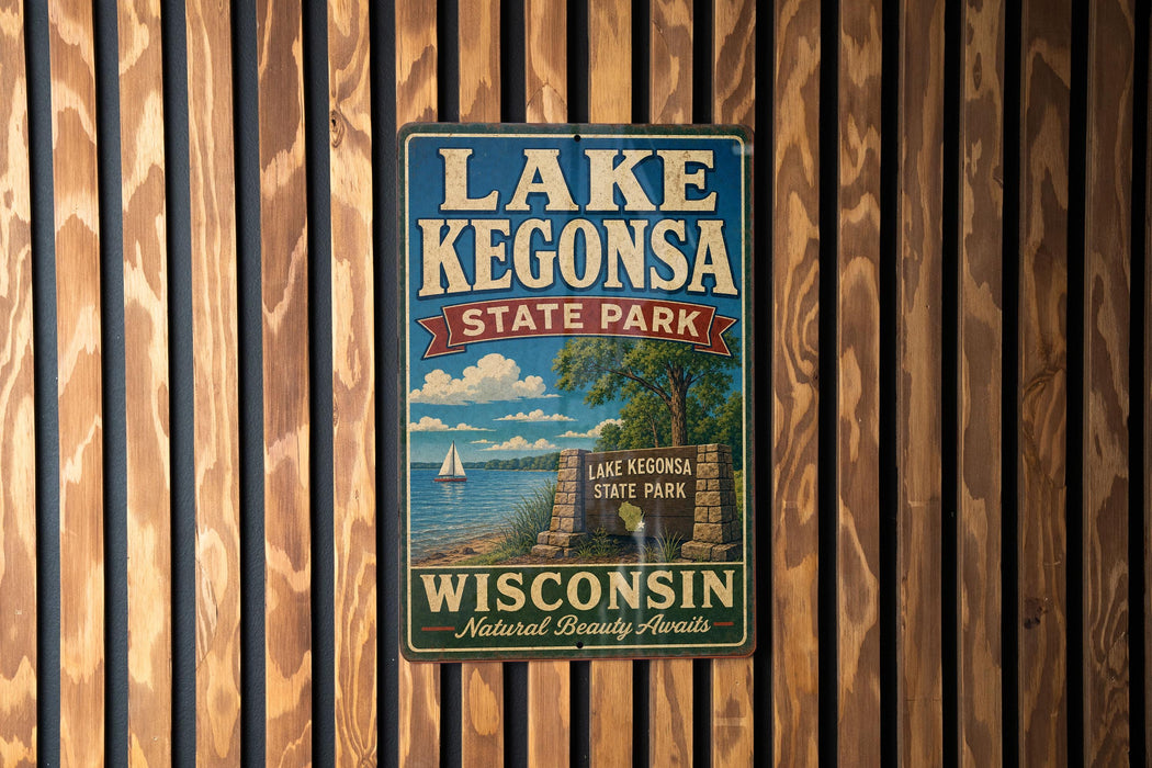 A vintage metal sign for Lake Kegonsa State Park in Wisconsin, featuring a scenic image of the lake and surrounding landscape.