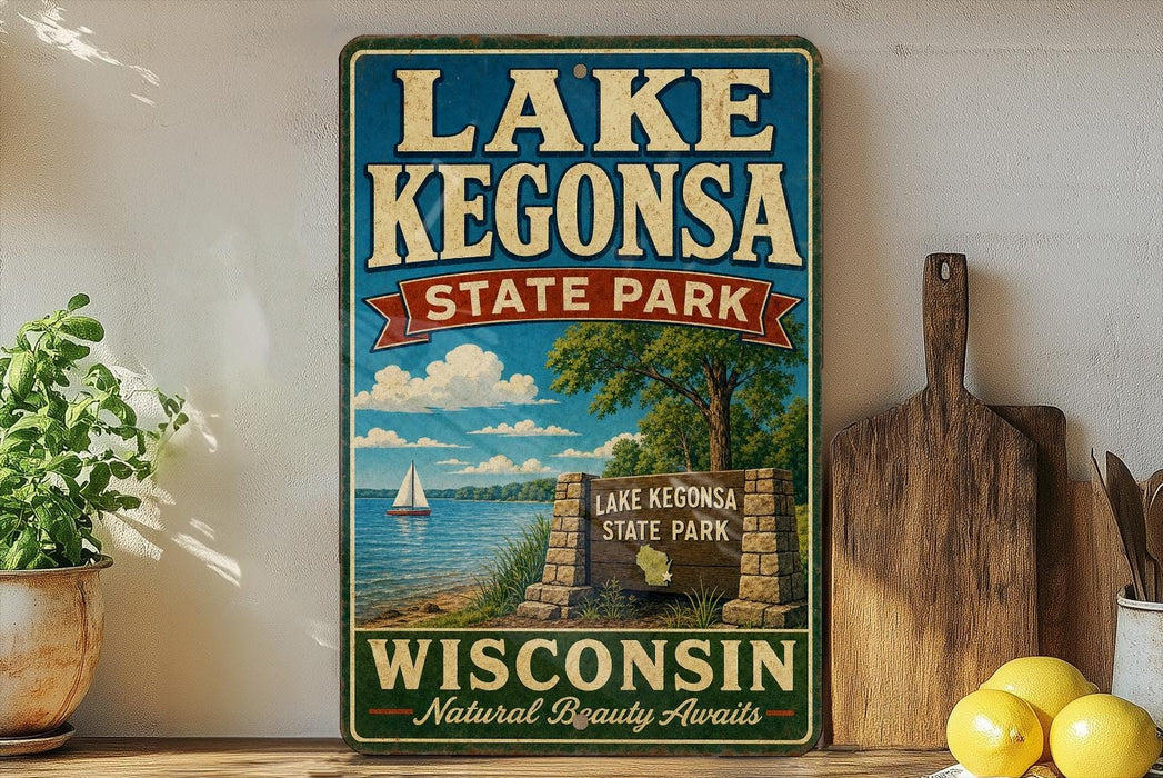 A vintage-style sign for Lake Kegona State Park in Wisconsin, featuring a scenic illustration of a lake, sailboat, and surrounding landscape.