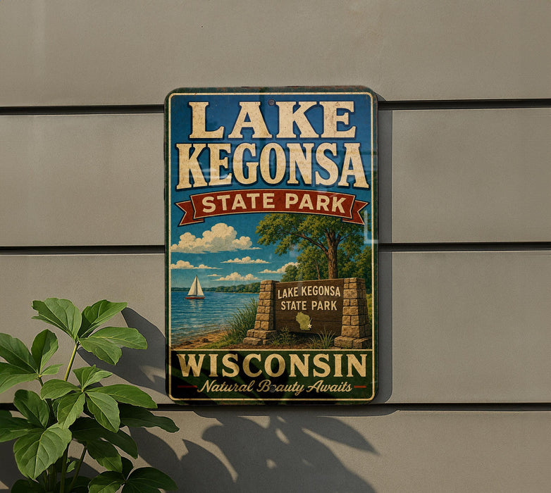 A vintage-style sign for Lake Kegona State Park in Wisconsin, featuring a scenic illustration of the park and its surroundings.