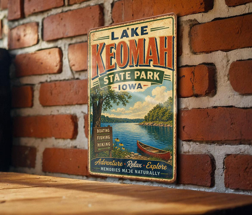 A vintage-style metal sign for Lake Keomah State Park in Iowa, featuring a scenic illustration of a lake, trees, and a canoe.