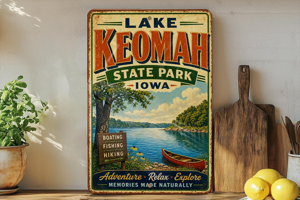 A vintage-style sign for Lake Keomah State Park in Iowa, featuring a scenic image of a lake, trees, and a canoe.
