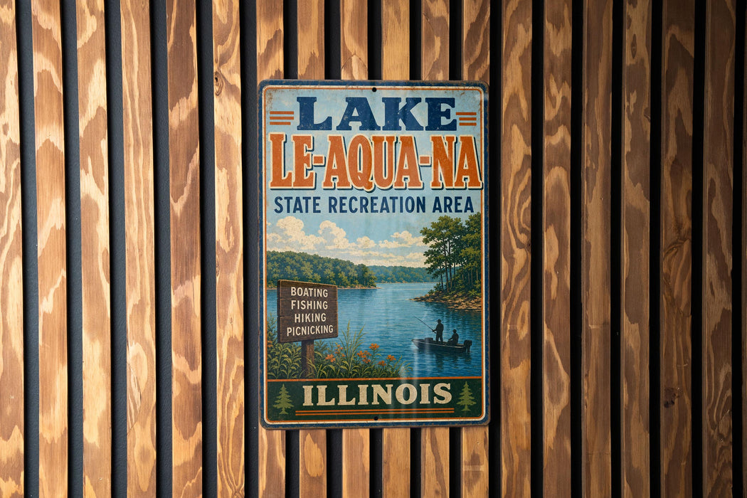 A vintage-style sign for Lake Le-Aqua-NA, a state recreation area in Illinois, featuring a scenic image of a lake and boats.