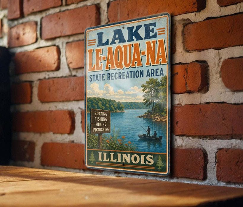 A vintage-style sign for Lake Le-Aqua-NA, a state recreation area in Illinois, featuring a scenic image of a lake with boats and people fishing.