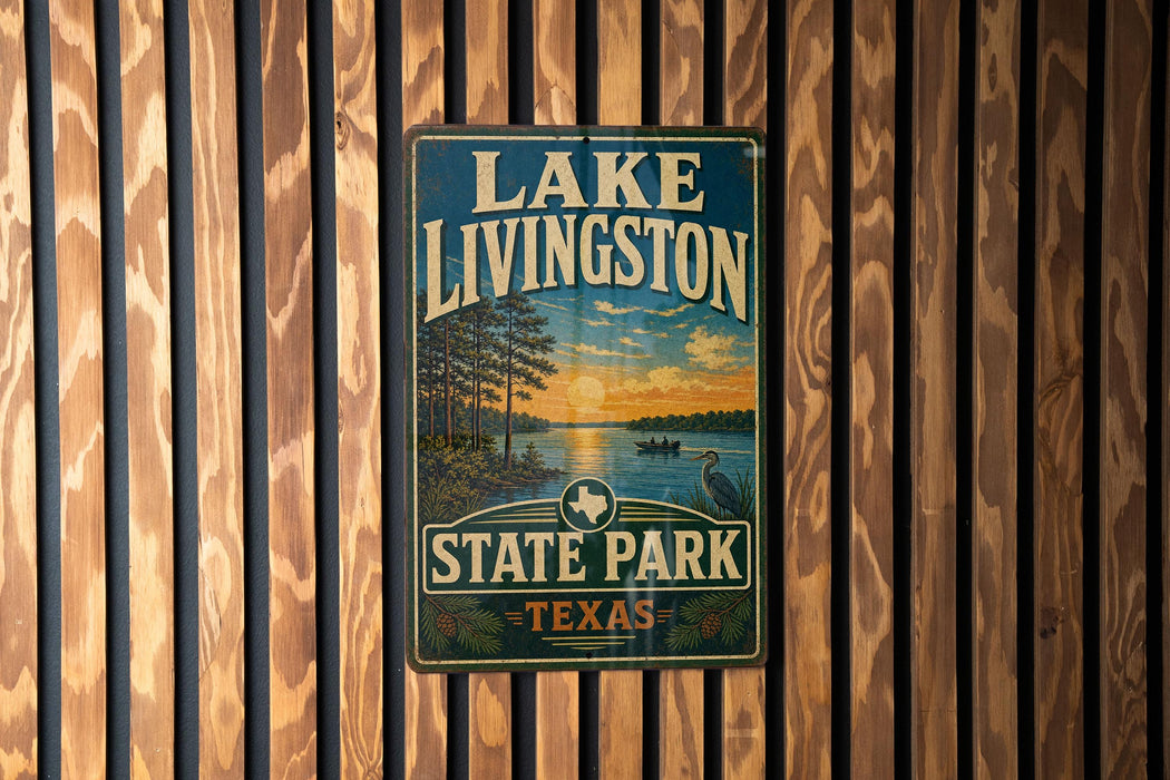 A vintage-style metal sign for Lake Livingston State Park in Texas, featuring a scenic landscape with a sunset over the lake and a bird in flight.