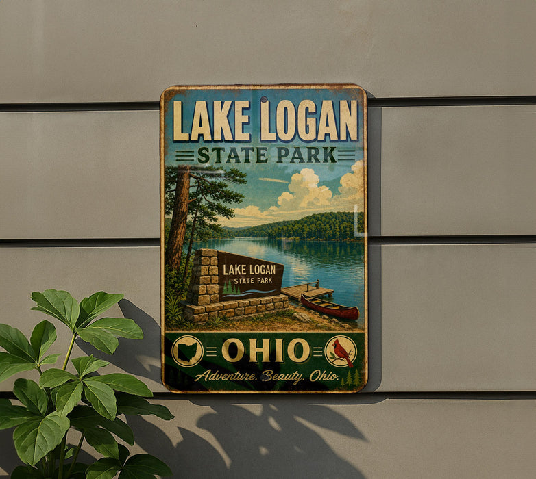 A vintage-style sign for Lake Logan State Park, featuring a scenic lake and surrounding landscape, is displayed on a wall.