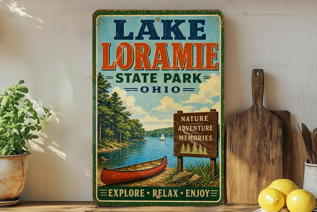 A vintage-style sign for Lake Loramie State Park in Ohio, featuring a scenic image of a lake, canoe, and trees.
