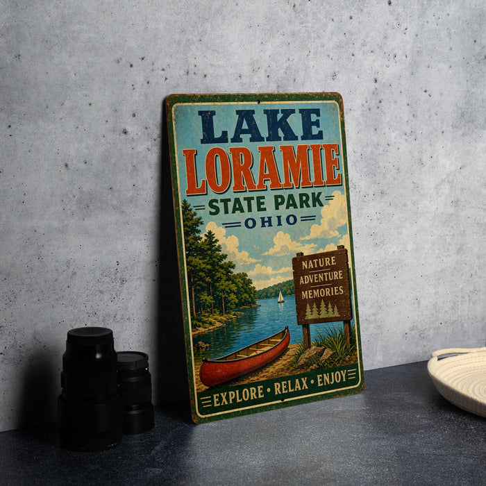 A vintage-style sign for Lake Loramie State Park in Ohio, featuring a canoe and a scenic landscape.