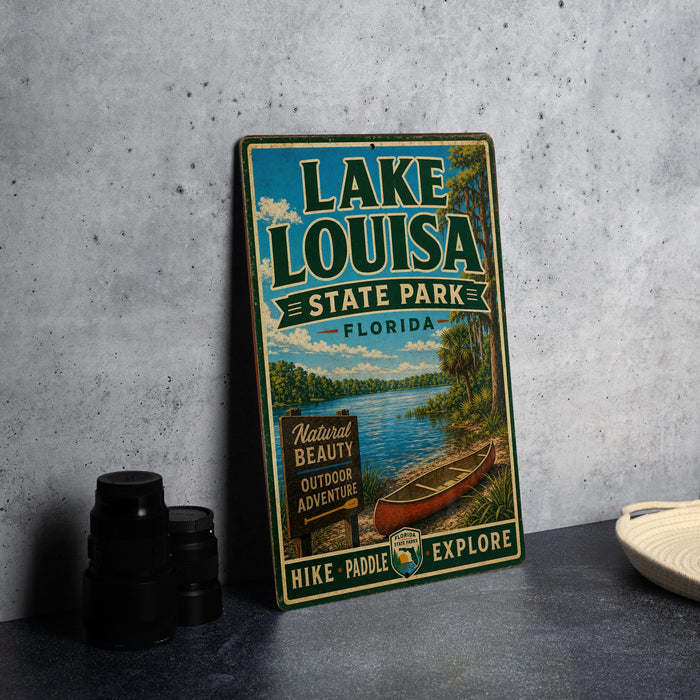 A vintage-style metal sign for Lake Louisa State Park in Florida, featuring a scenic illustration of a lake, canoe, and surrounding nature.