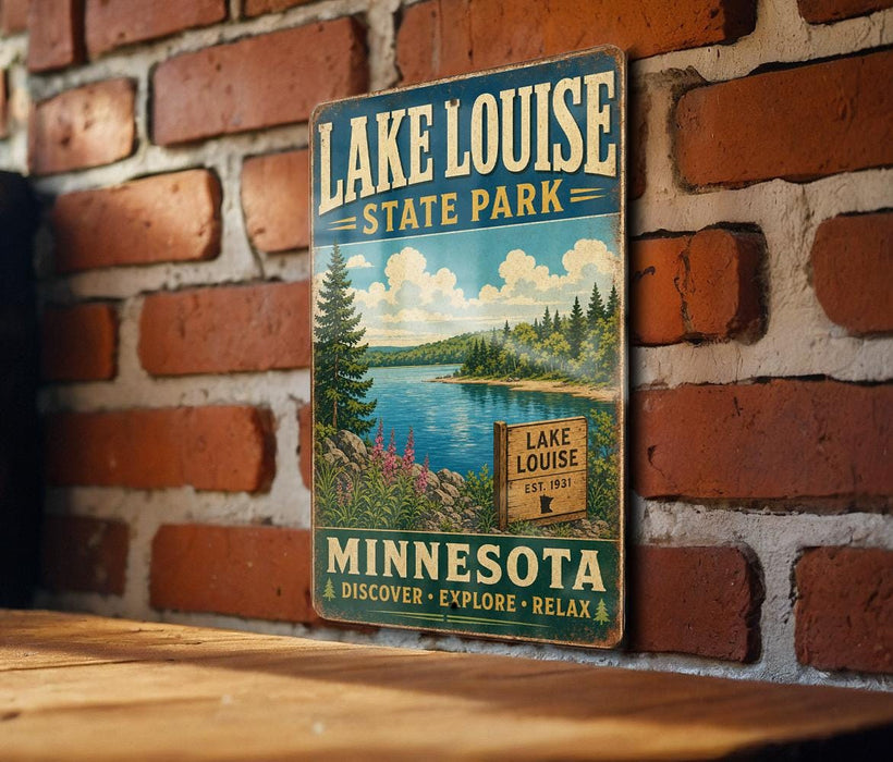 A vintage-style sign for Lake Louise State Park in Minnesota, featuring a scenic landscape with pine trees, a lake, and mountains.