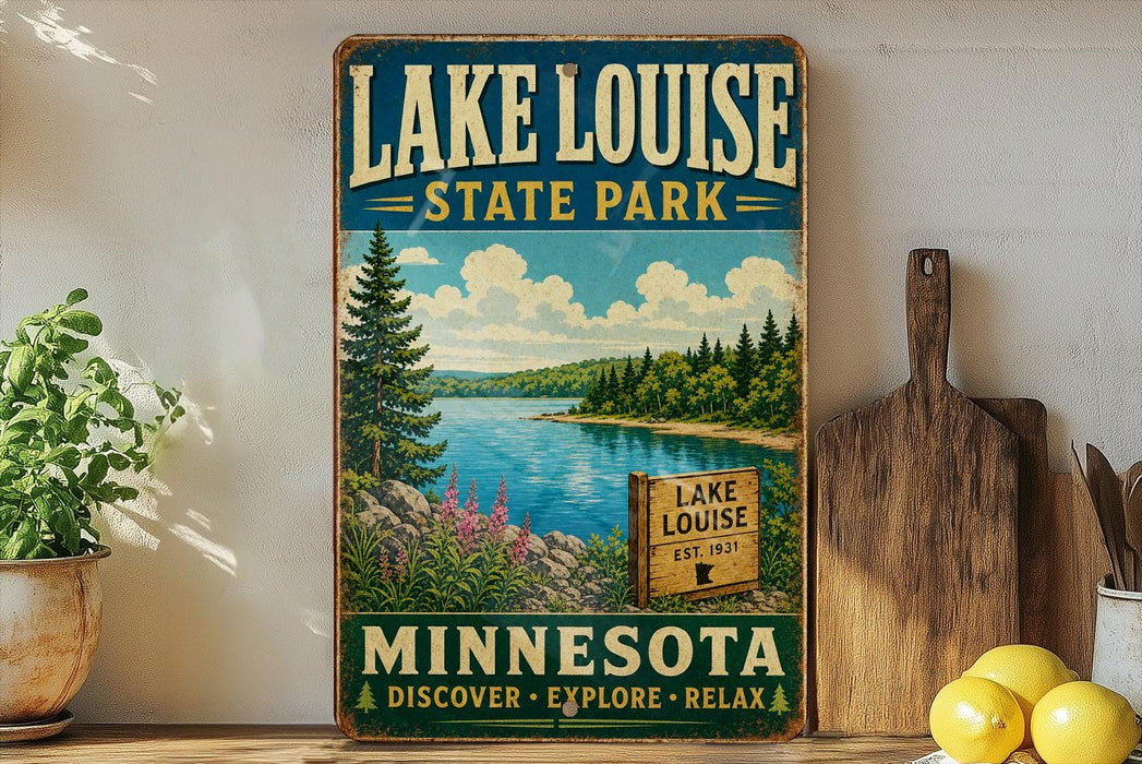 A vintage-style sign for Lake Louise State Park in Minnesota, featuring a scenic landscape with pine trees, a lake, and mountains.