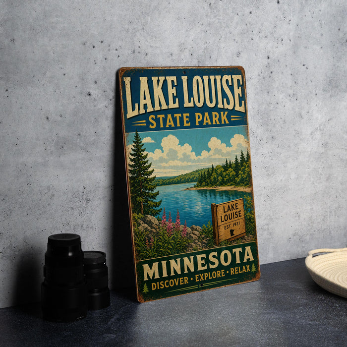A vintage-style sign for Lake Louise State Park in Minnesota, featuring a scenic illustration of the lake surrounded by pine trees and mountains.
