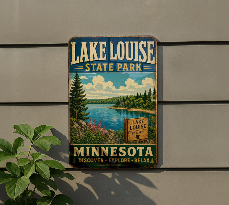 A vintage-style sign for Lake Louise State Park in Minnesota, featuring a scenic landscape with a lake, pine trees, and mountains.