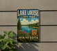 A vintage-style sign for Lake Louise State Park in Minnesota, featuring a scenic landscape with a lake, pine trees, and mountains.