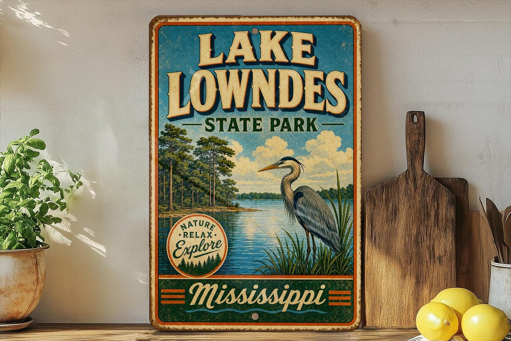 A vintage-style sign for Lake Lowndes State Park in Mississippi, featuring a scenic illustration of a lake, trees, and a bird.