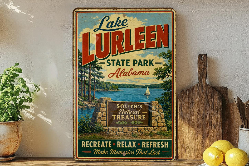 A vintage-style sign for Lake Lurleen State Park in Alabama, featuring a scenic image of the lake and surrounding landscape.