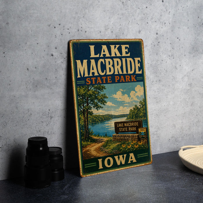 A vintage-style sign for Lake Macbride State Park in Iowa, featuring a scenic landscape with a lake, trees, and a path leading to the park entrance.