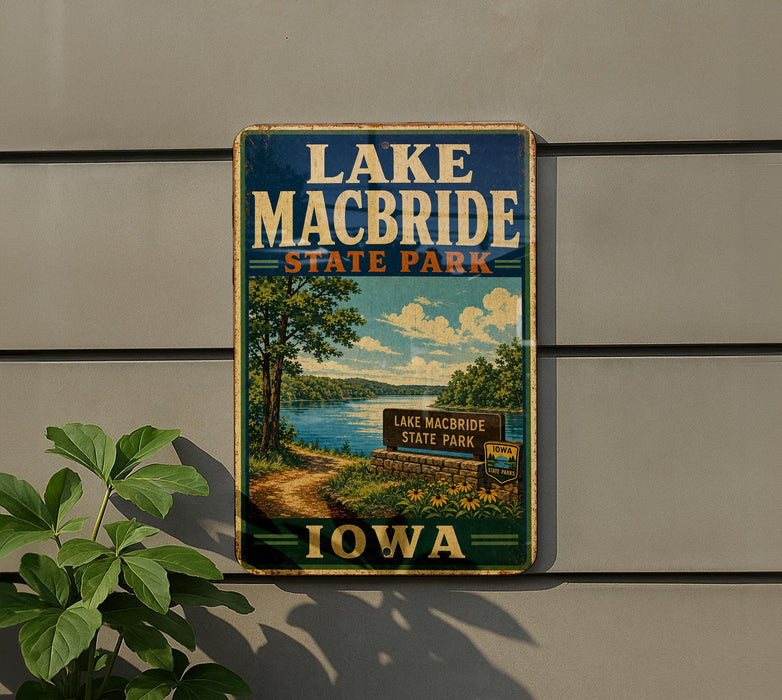 A vintage-style sign for Lake Macbride State Park in Iowa, featuring a scenic landscape with a lake, trees, and a path leading to the park entrance.