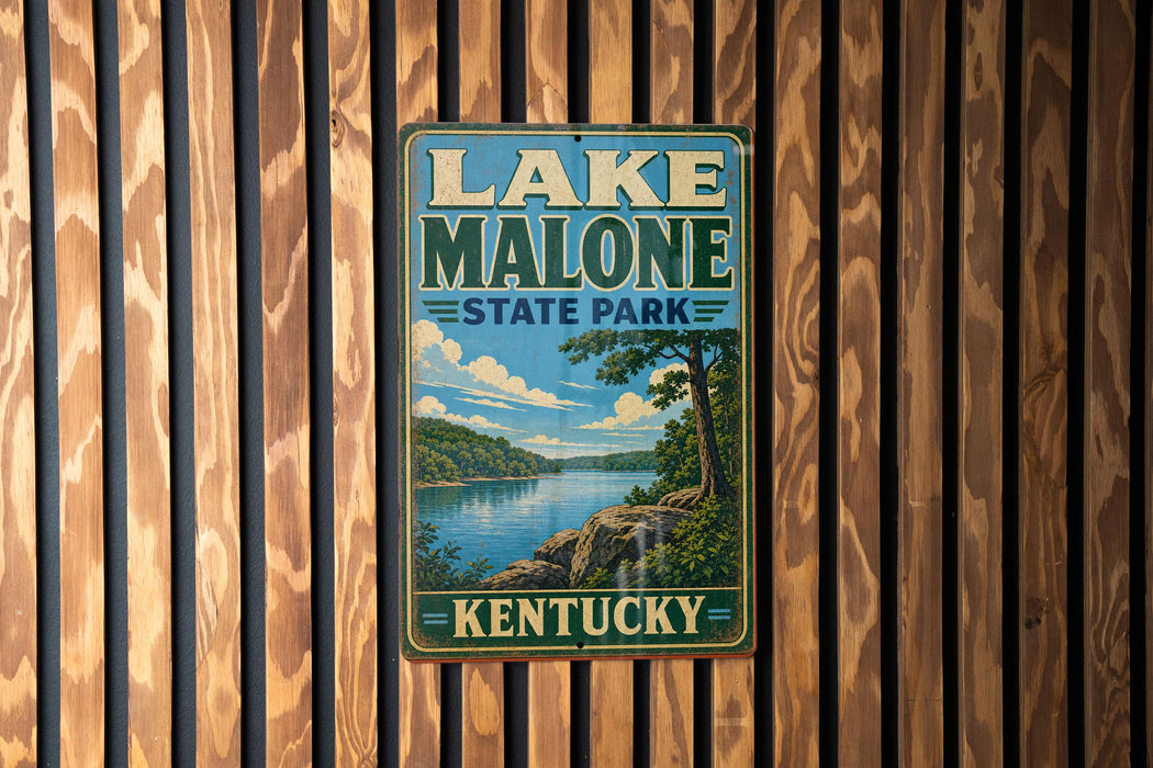 A vintage-style sign for Lake Malone State Park in Kentucky, featuring a scenic landscape with a lake, mountains, and trees.