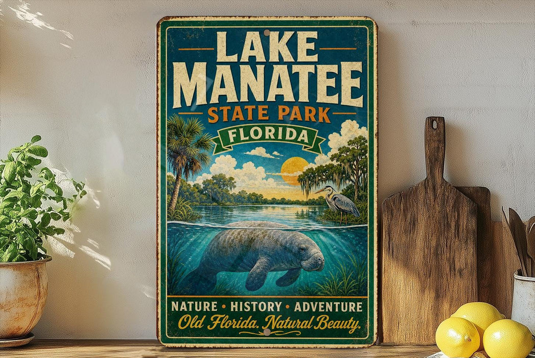 A vintage-style sign for Lake Manatee State Park in Florida, featuring a manatee swimming in the water and surrounded by palm trees and other natural scenery.