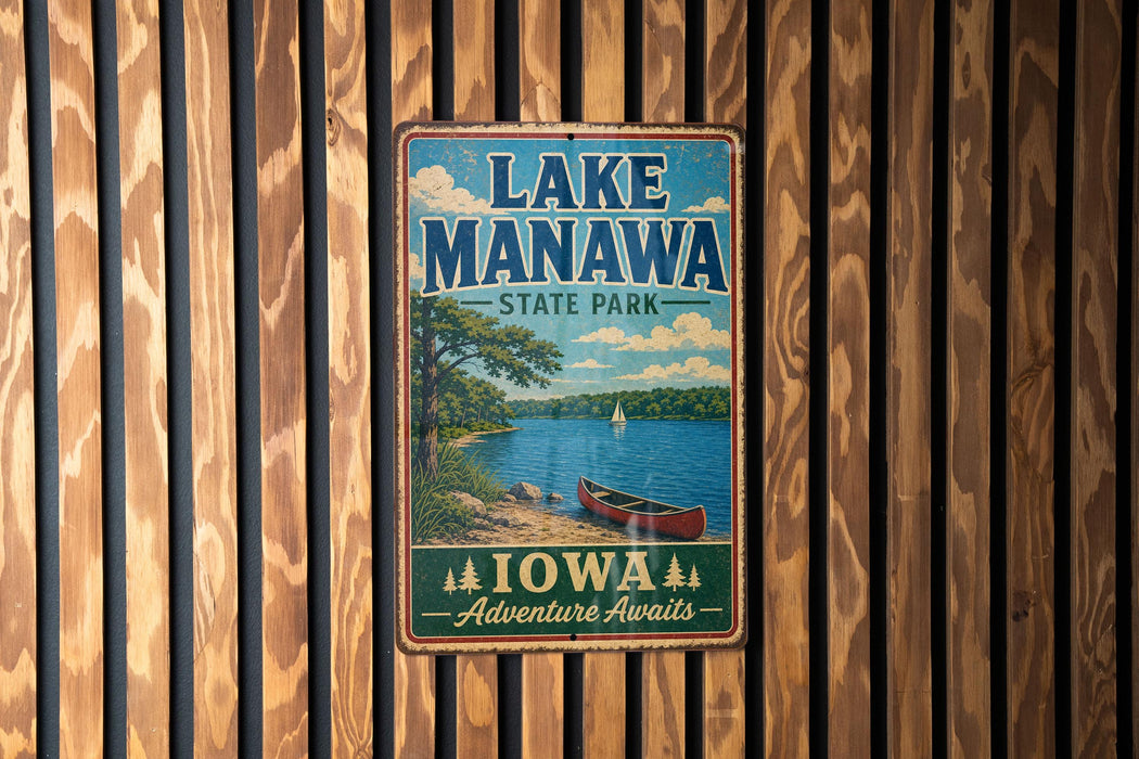 A vintage-style metal sign for Lake Manawa State Park in Iowa, featuring a scenic image of a lake, canoe, and surrounding landscape.