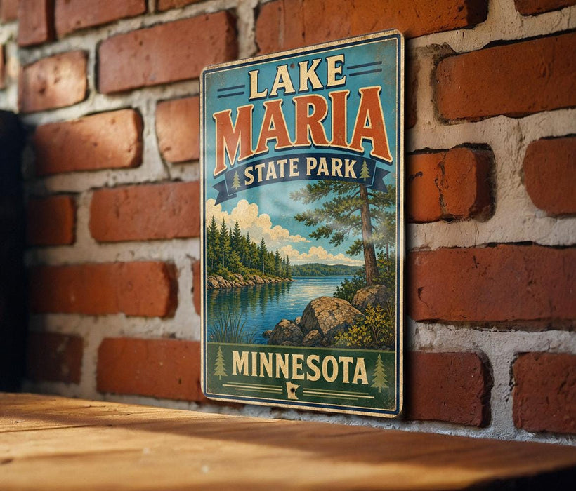 A vintage-style metal sign for Lake Maria State Park in Minnesota, featuring a scenic landscape with a lake, mountains, and pine trees.