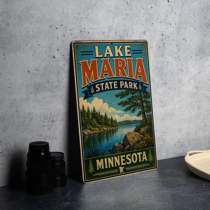 A vintage-style sign for Lake Maria State Park in Minnesota, featuring a scenic landscape with pine trees, a lake, and mountains.