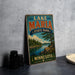 A vintage-style sign for Lake Maria State Park in Minnesota, featuring a scenic landscape with pine trees, a lake, and mountains.