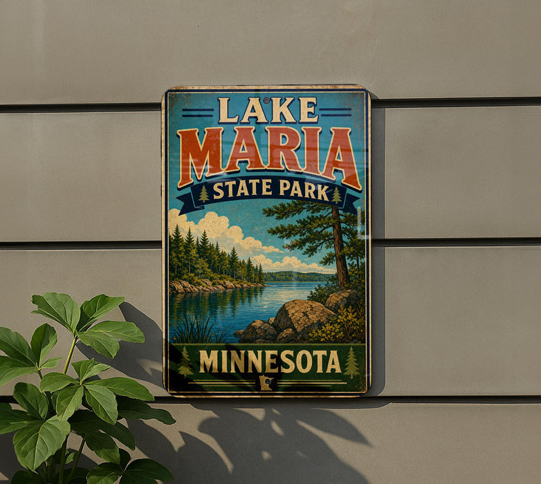 A vintage-style sign for Lake Maria State Park in Minnesota, featuring a scenic landscape with a lake, mountains, and pine trees.