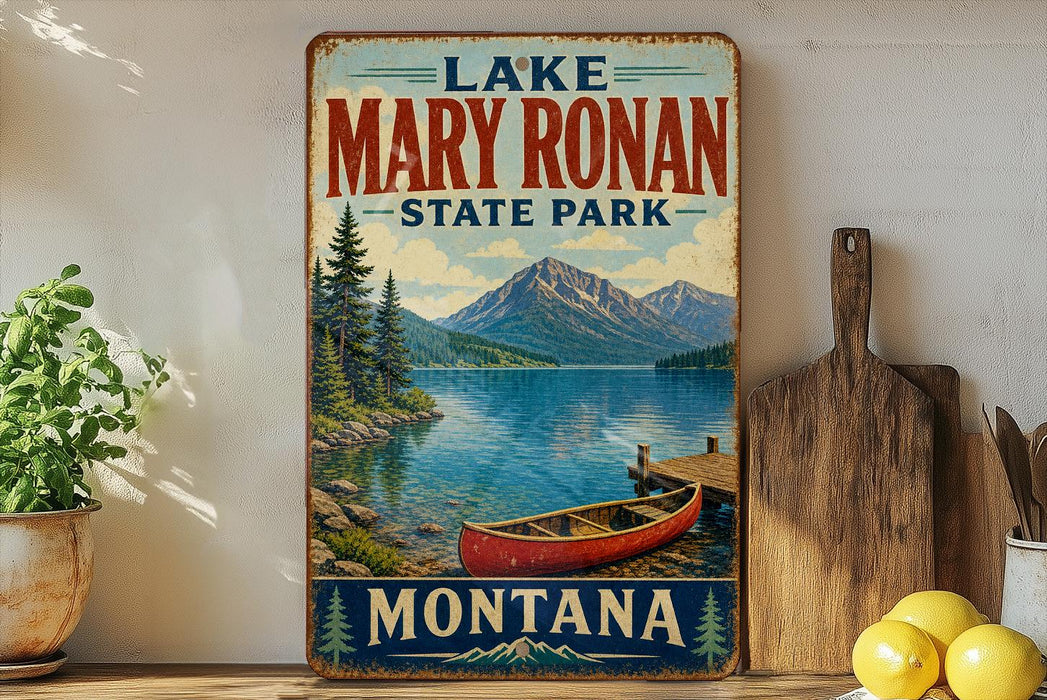 A vintage-style sign for Lake Mary Ronan State Park in Montana, featuring a scenic image of a lake, mountains, and a red canoe.