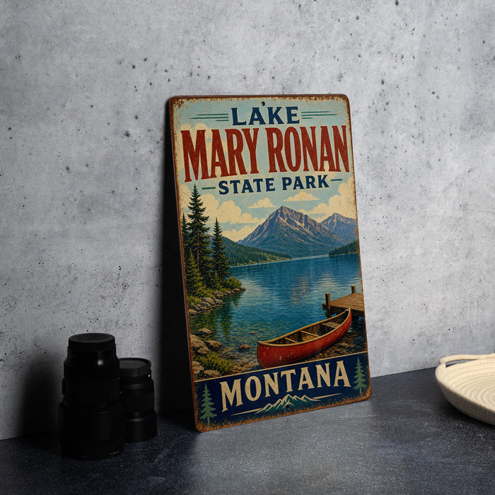 A vintage-style metal sign for Lake Mary Ronan State Park in Montana, featuring a scenic image of a lake, mountains, and a red canoe.