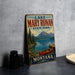A vintage-style metal sign for Lake Mary Ronan State Park in Montana, featuring a scenic image of a lake, mountains, and a red canoe.