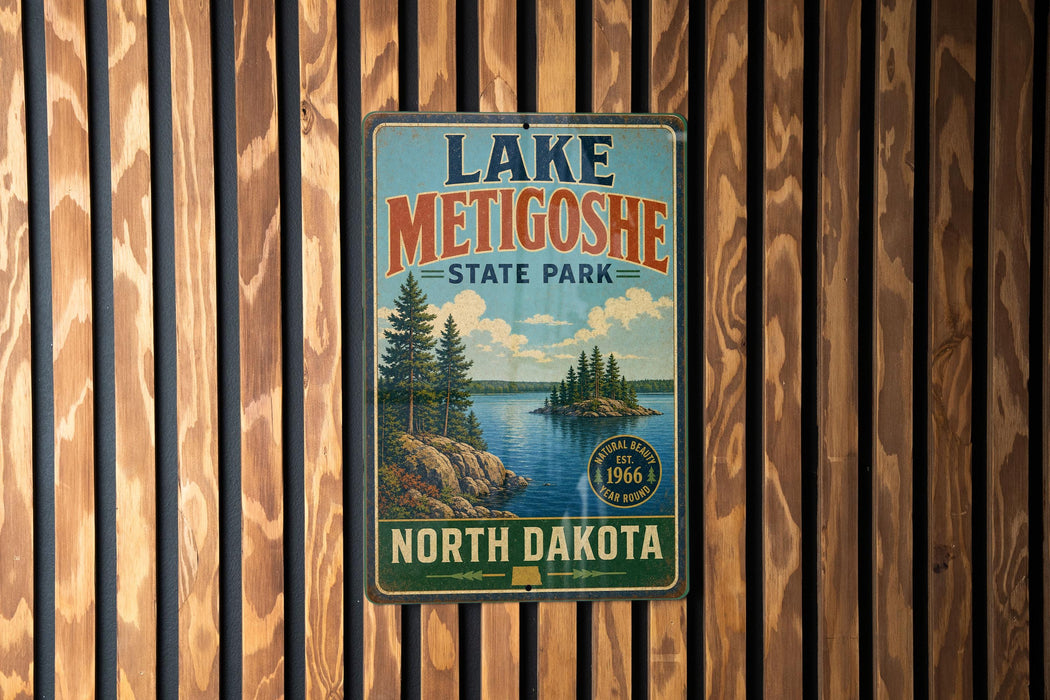 A vintage metal sign for Lake Metigoshe State Park in North Dakota, featuring a scenic landscape with pine trees, a lake, and mountains.