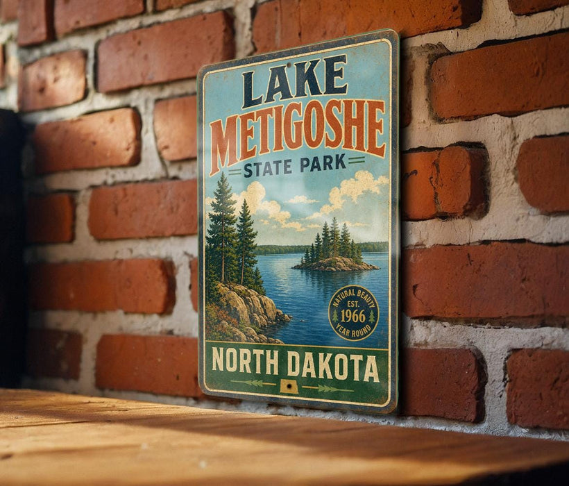 A vintage-style metal sign for Lake Metigoshe State Park in North Dakota, featuring a scenic landscape with pine trees and a lake.